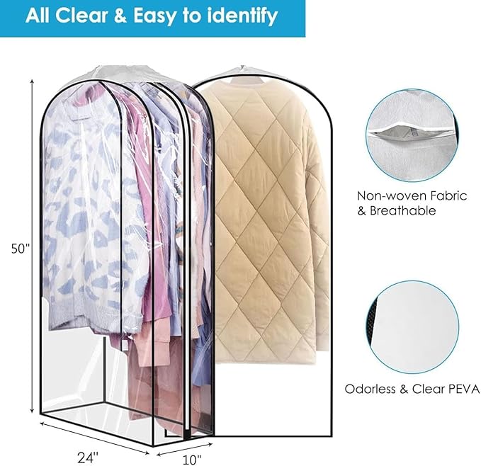 50" Clear Clothes Hangers with Smooth Side Zipper, 10" Gusseted Waterproof Garment Bags for Shirts, Coats, Dresses, Suits, 4 Pack