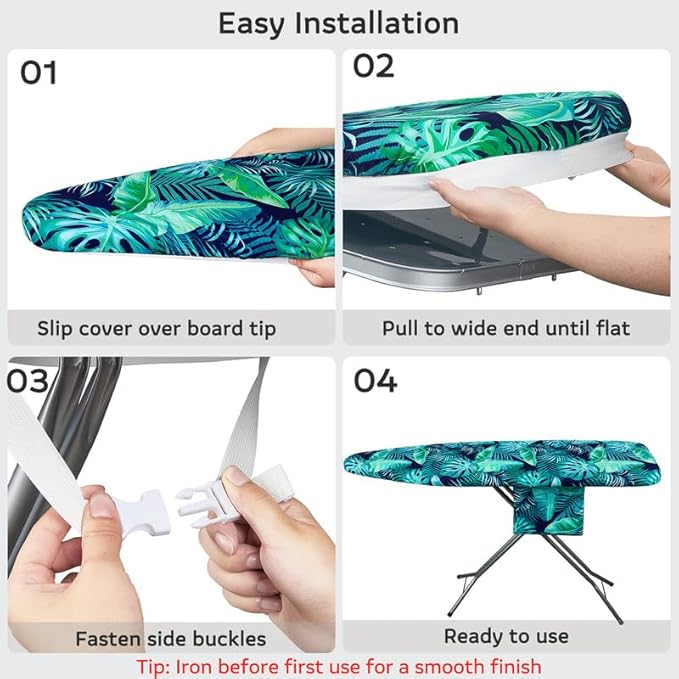 FIOBEE Ironing Board Cover and Pad Extra Thick Iron Board Pad with Heat-Resistant Mesh Padded Iron Board Covers Adjustable Buckle & Elastic Edges for 15x54 Standard Size Ironing Board, Green Leaf