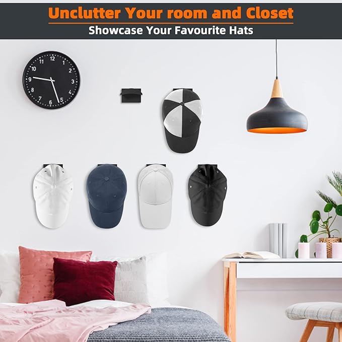 10 PCS Adhesive Hat Hooks for Wall, Strong Hold Hat Hangers, Minimalist Hat Rack Design, No Drilling, Hat Hooks for Baseball Caps, Hat Holder Organizer for Wall, Door, Closet, Office, Bedroom