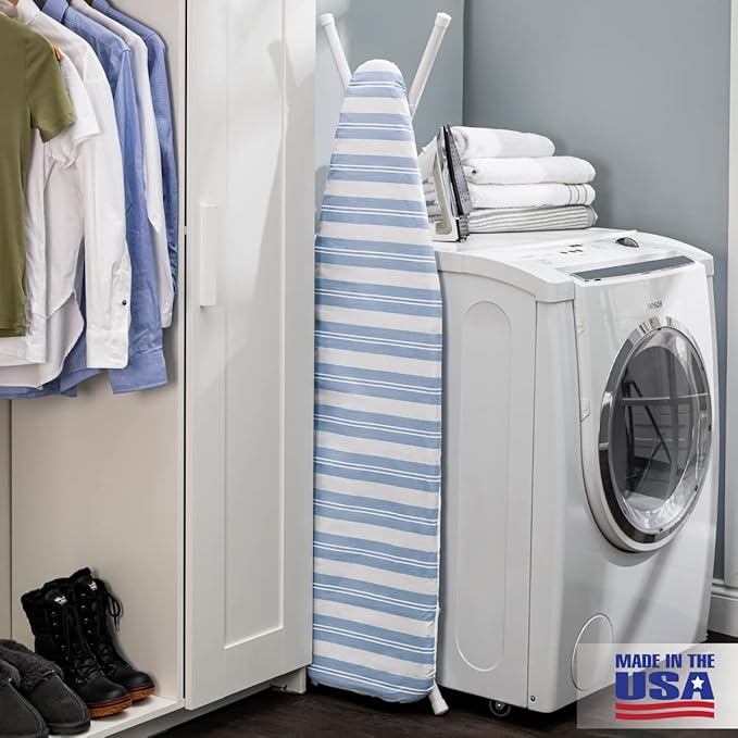 Full Size Ironing Board Made in USA – Blue Stripe by Seymour Home Products 4 Heavy-Duty Steel Legs Perforated Top for Steam Includes Cover & Pad Sturdy, Foldable Iron Board for Home & Laundry