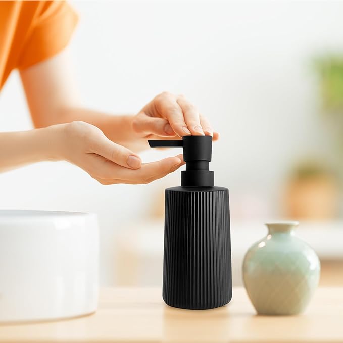 Glass Soap Dispenser for Bathroom, 250ml/8.5oz Dish Soap Dispenser with Pump for Kitchen, Modern Minimalist Stripe Style Hand Soap Dispenser, Small Refillable Soap Dispenser (Black 1pc)