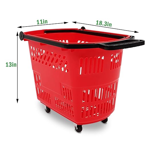 FAHKNS Red Shopping Carts with Wheels, 6PCS 35L Portable Shopping Baskets Set, Grocery Basket with Handles for Supermarket, Retail Store, Laundry