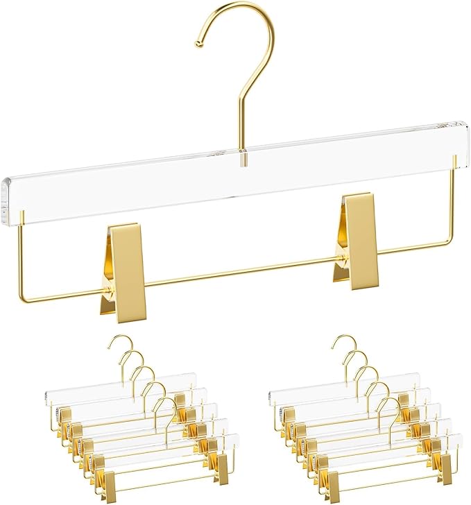 Acrylic Gold Pants Hangers 10 Pack for Trousers, Jeans, Coats, Heavy Duty Skirt Hangers for Women, Space-Saving Clothes Organizer with Non-Slip Adjustable Clips, Adults & Kids