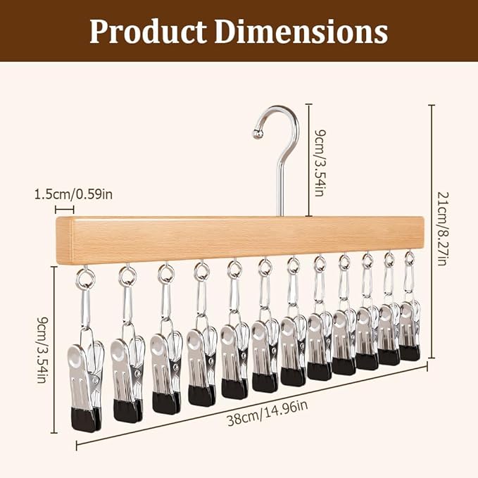 Closet Organizer with 10 Clips, 2026 NEW Space Saving Hanging Closet Organizer, Space-Saving Hat Scarf Clothespins for Jeans Skirts Socks Pant Hangers with Clips (2, Wood)