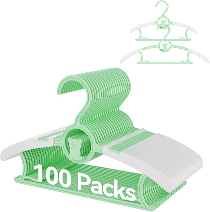 Baby Hangers,11-14 inch Extendable Kid Hangers 100 Pack,Non-Slip Children Hangers,Stackable Space Save Toddler Hangers,Infant Hangers for Closet,Green 100 Pack