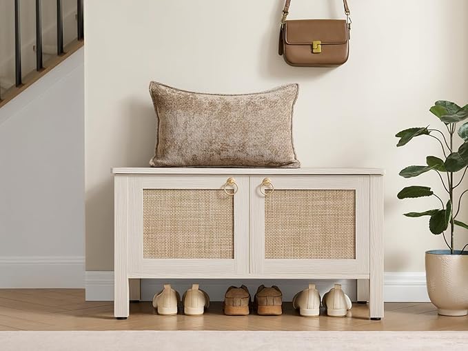 SICOTAS Rattan Shoe Bench - 2 Pieces Farmhouse Shoe Organizer Bench with Lift Top Storage and Hidden Cabinet, Boho Shoe Rack Cabinet for Entryway, Hallway, Bedroom (White Cream Oak)
