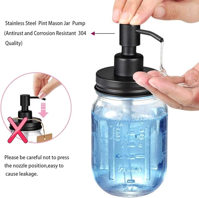 4 Pack Mason Jar Soap Dispenser Lids with Pumps, Rustproof Stainless Steel, Lotion Soap Dispenser Lids Replacement for 16 oz Regular Mouth Mason Jar Decor, 4 Brushes Included Black