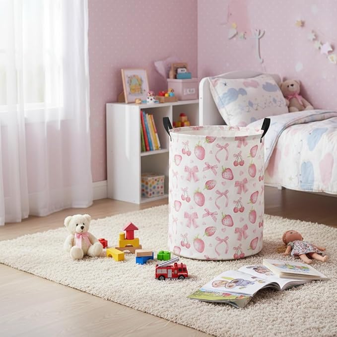 Baby Laundry Hamper kids laundry Basket Waterproof Laundry Bag for Bedroom Toy Clothes Organizer Room Décor(Bowknot strawberry)