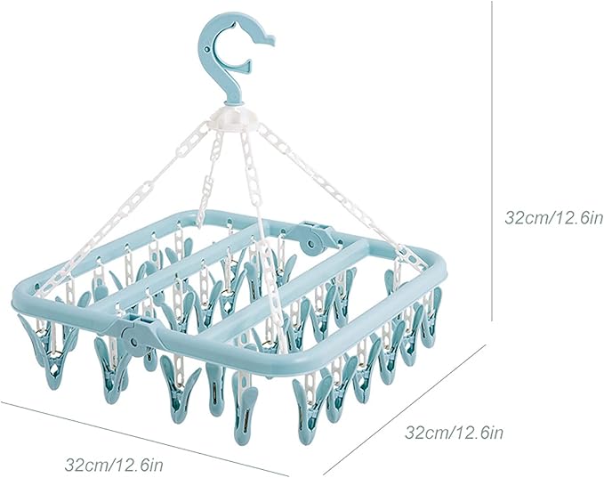 Laundry Hanger, with 32 Clips Foldable Clothespin Drying Rack for Socks Underwear Bras Scarf S Blue (Blue)