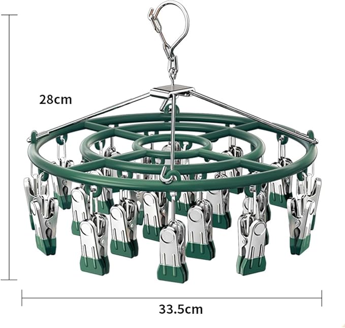 Drying Rack for Sock, Stainless Steel Sock Drying Rack with 24 Clips, Swivel Hook Windproof Hanger for Sock, Bras, Towel, Underwear, Laundry, Hat, Scarf, Pants, Gloves (Green)