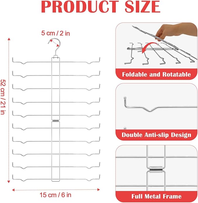 Pants Hanger for Closet, Rotatable Legging Organizer for Closet Hanging, Non-Slip Legging Hanger Holds Up to 20 Leggings (XS–XL), Collapsible Space Saving Yoga Pants Rack for Storage, Silver