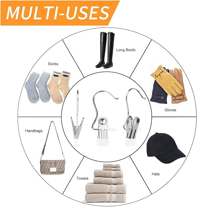 50 Pack Boot Hanger for Closet, Laundry Hooks with Clips, Multifunctional Hangers, Single Clip Space Saving for Jeans, Hats, Tall Boots, Towels (White)