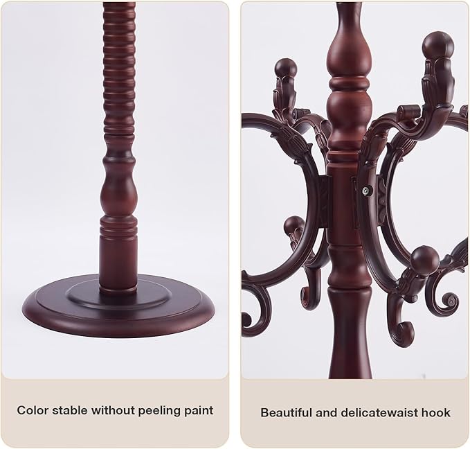Wood Coat Rack Stand Wooden Coat Rack Freestanding Hall Coat Tree with Sturdy Round Base and 14 Hooks for Hats Bags Purses Vintage Coat Tree Hanger Stand for Entryway Hallway Bedroom, Brown