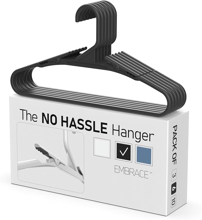 No Hassle-Hangers Best Clothes Hanger Ultra Soft Rubberized Grip Clip Keeps Garments in Place and Off The Floor. Perfect for Wide Neck Silks & Satin Tops, delicates, Athletic wear. (6, Modern Black)