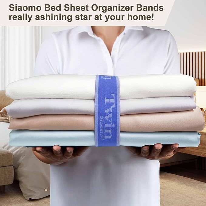Bed Sheet Organizer Bands, Sheet Set Storage Label Bands, Elastic Bedding Sheet Size Marking Label Bands Straps Wraps for Organizing Linen Closet（Twin 4PCs | Blue）