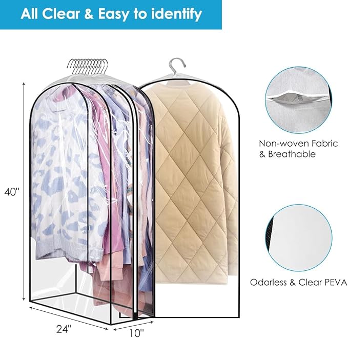 40" Clear Garment Bags for Hanging Clothes, Garment Bags for Storage with Smooth Side Zipper 10" Gusseted Waterproof Garment Bag for Shirts, Coats, Dresses, Suits,4 Pack