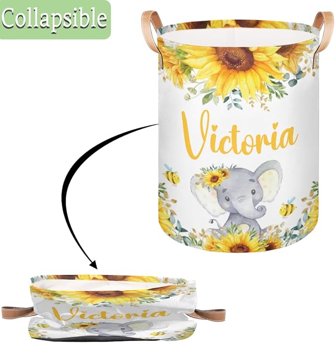 Personalized Laundry Basket, Custom Gift Laundry Hamper, Collapsible Nursery Waterproof Laundry Baskets, Dirty Clothes Toy Hamper with Handles Garden Sunflowers Elephant