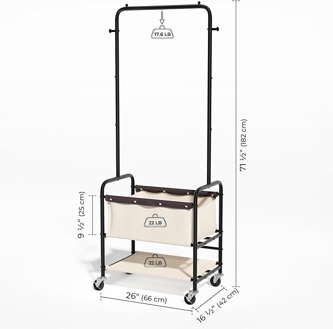 StorageWorks Laundry Cart with Hanging Rack, Rolling Laundry Hamper, Laundry Basket with Wheels, Laundry Room Clothes Sorter Storage Basket and Shelf, Beige