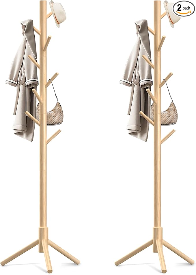 Wooden Coat Rack Stand, Freestanding Coat Rack with 8 Hooks, 3 Adjustable Size Coat Tree for Hats, Coats, Scarves bags, Coat Hanger Stand Used in Bedroom/Office/Entryway,2 PCS (Natural)