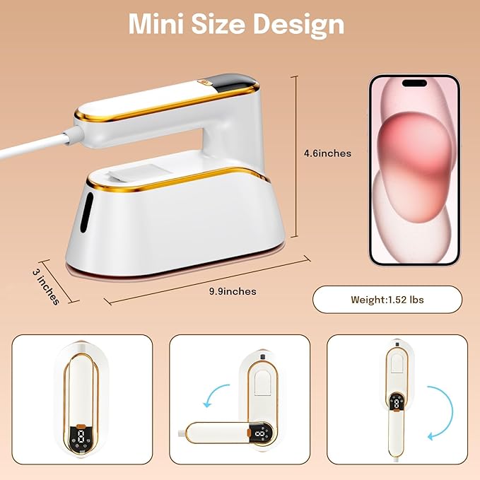 Travel Steamer, 1300W Portable Steamer for Clothes, Quick Heat Plancha a Vapor Para Ropa, 180° Rotating Handle & Ceramic Panel, 2-IN-1 Mini Iron With LCD for Home & Travel Use