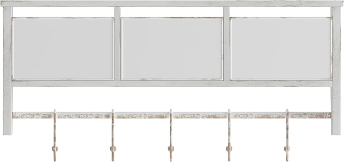 Flash Furniture Daly Wall Mounted Storage Rack - Whitewashed Solid Pine Wood - 24 Inch - Upper Shelf - 5 Hooks - Wire Baskets - For Entryway, Kitchen, Bathroom