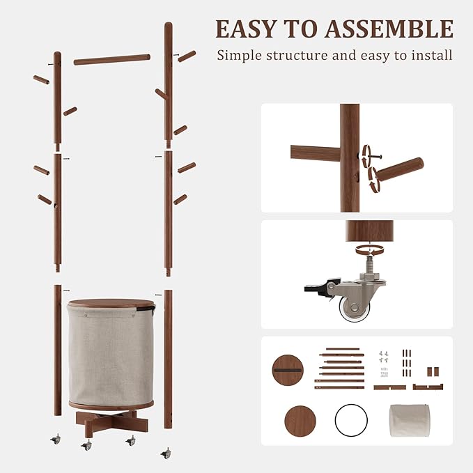 Solid Wood Coat Rack with Fabric Basket - Coat Hanger Stand Coat Tree Rack Freestanding with 9 Hooks Wheels, Small Clothes Rack For Entryway Bedroom Hallway Living Room