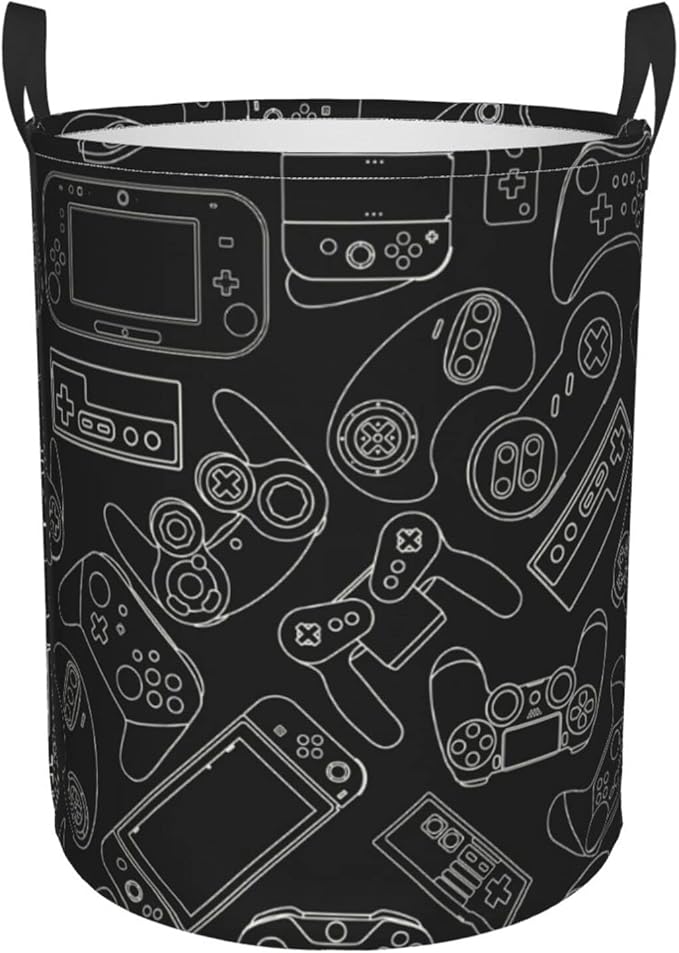 38L Round Laundry Hamper Video Game Controller Background Storage Basket Waterproof Coating Gaming Gadgets Organizer Bin For Nursery Clothes Toys