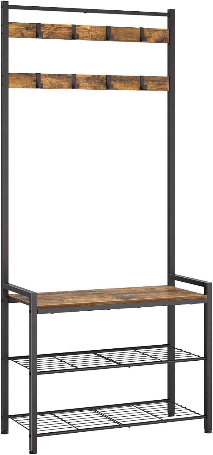 Hall Tree, Coat Rack with Shoe Bench, Entryway Bench with Shoe Storage, Multifunctional Entryway Storage Organizer, Metal Frame and 8 Movable Hooks, for Hallway, Rustic Brown MT01BR