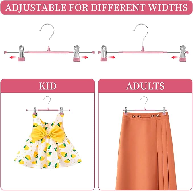Pants Hangers with Clips 10 Pack Adjustable Skirt Hangers for Women Non-Slip Trousers Hanger for Jeans Clothes Hangers for Pants Heavy Duty Space Saving Shorts Hangers,Pink,14Inch