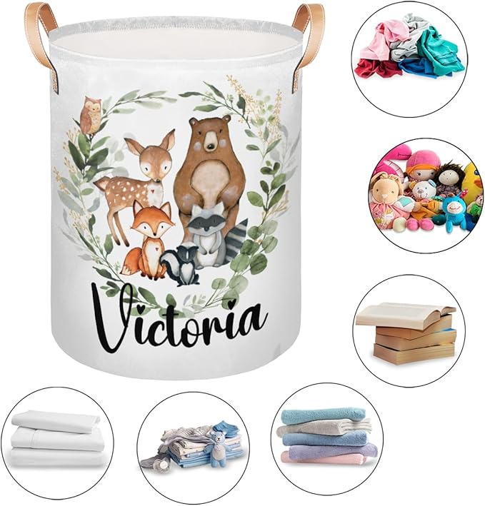Personalized Laundry Basket, Custom Gift Laundry Hamper, Collapsible Nursery Waterproof Laundry Baskets, Dirty Clothes Toy Hamper with Handles Woodland Greenery Animals