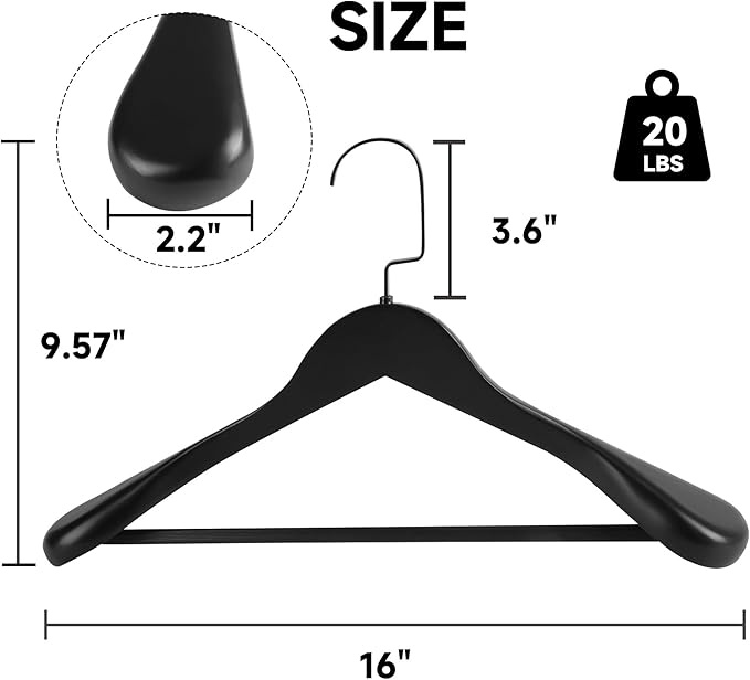 16-Inch Wooden Suit Hangers with Non Slip Pants Bar, 6-Pack Wood Extra-Wide Shoulder Hangers, Flat-Head Hook Hangers for Suits, Coats, Jackets, Shirts, Pants, and Heavy Clothes (Black)