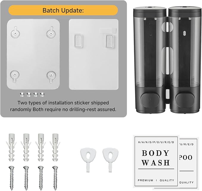 Shower Soap Dispenser Shampoo and Conditioner Dispenser 2 Chamber No Drill Wall-Mounted Shampoo Dispenser for Shower Wall Mounted Shower Dispenser for Bathroom Hotel Large Capacity,Black