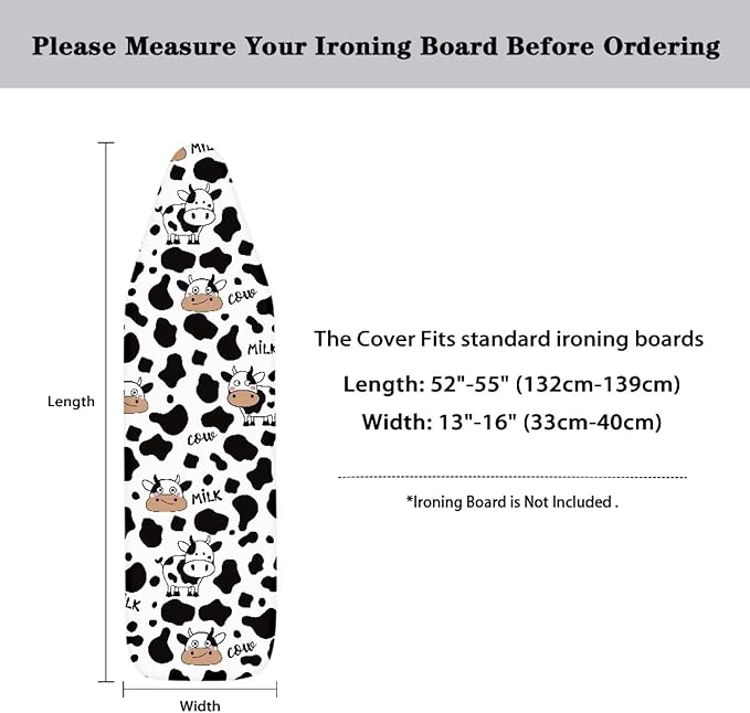 Flashideas Cow Print Ironing Board Cover and Pad- 52" x 13" Iron Board Cover Fits Standard Size, Iron Board Cover Accessories