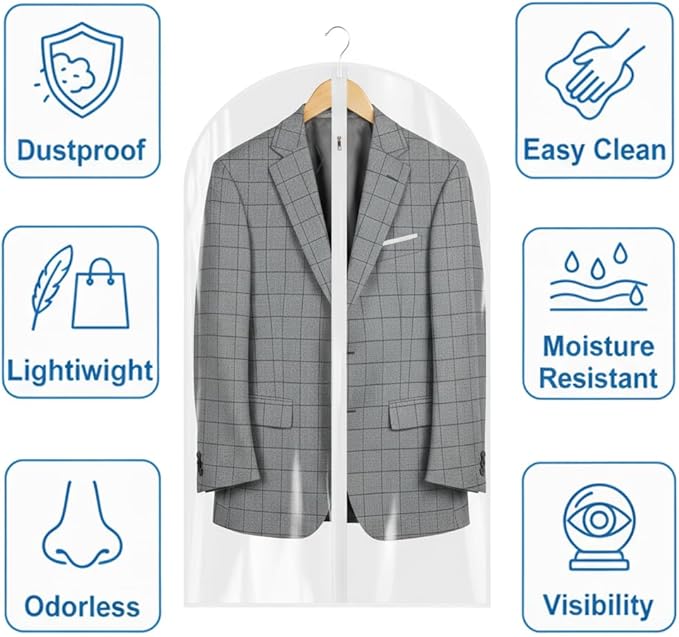 60” All Clear Garment Bags for Travel - PEVA Waterproof Suit Cover with Zipper for Hanging Clothes, long Gowns - Durable Dresser for Closet Storage, Dustproof & Moisture Resistant - 60”/6 Pack
