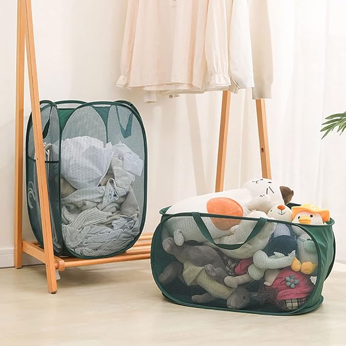 4 Piece Popup Mesh Laundry Basket Durable Handles Collapsible Laundry Baskets Folding Clothes Pastic Hamper for Laundry Room College Dorm (Green)