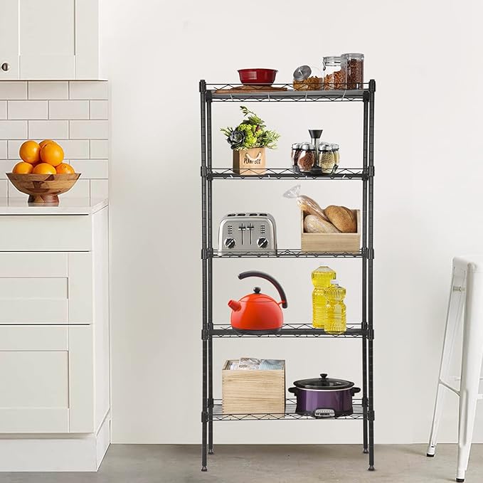 5-Tier Heavy Duty Metal Storage Shelves, NSF Certified Adjustable Wire Shelving Unit with Leveling Feet, 750 LBS Capacity Metal Rack for Garage, Kitchen, Pantry,Office,Black, 21.5"L x 11.6"W x 47.6"H