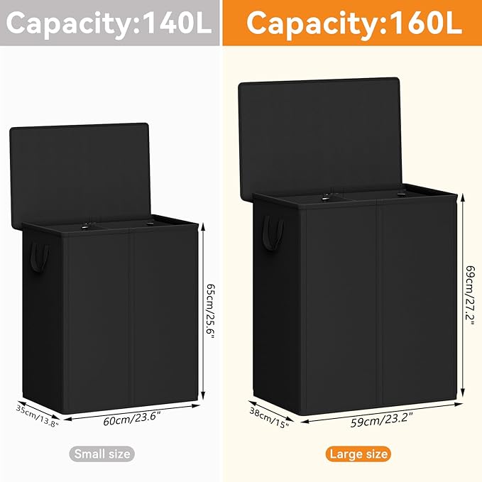 Chrislley 160L Laundry Hamper 2 Section, Double Laundry Basket with Lid, Large Dirty Clothes Hamper with Removable Liner Bags, Collapsible Laundry Organizer for Bedroom, Dorm,Black