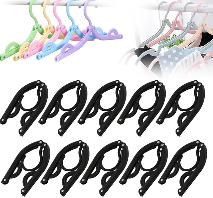 10PCS Multifunctional Plastic Folding Hanger, Retractable Portable Travel Hangers, Foldable Coat Hanger Folding Hangers for Traveling, Space Saving Clothes Hangers Portable Travel Hangers (Black)