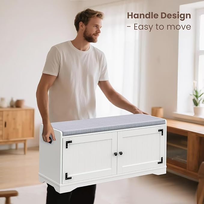 2-Tier Shoe Storage Bench, 39.4" W Shoe Bench with Padded Seat Cushion, Entryway Bench with Handles, 2 Doors, Adjustable Shelf for Living Room, Bedroom, Front Door, Hallway, Closet - White