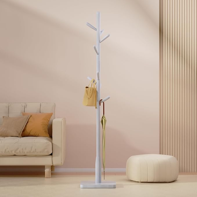 Solid Wood Square Base Coat Rack, Free Standing Hall Coat Tree with 8 Hooks（+2 spare for Coats, Hats, Bags, Purses, for Entryway, Hallway, Rubberwood Hooks,Base and Pole,(Square Base, White)
