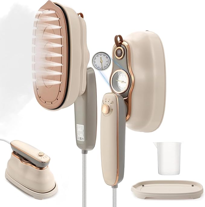 Portable Ironing Machine, Foldable Wet Dry Dual-Purpose Large Panel Steam Iron, 180 ° Rotating Handle High-Power Hanging Iron Machine without Selecting Fabrics or Occasions (Beige)