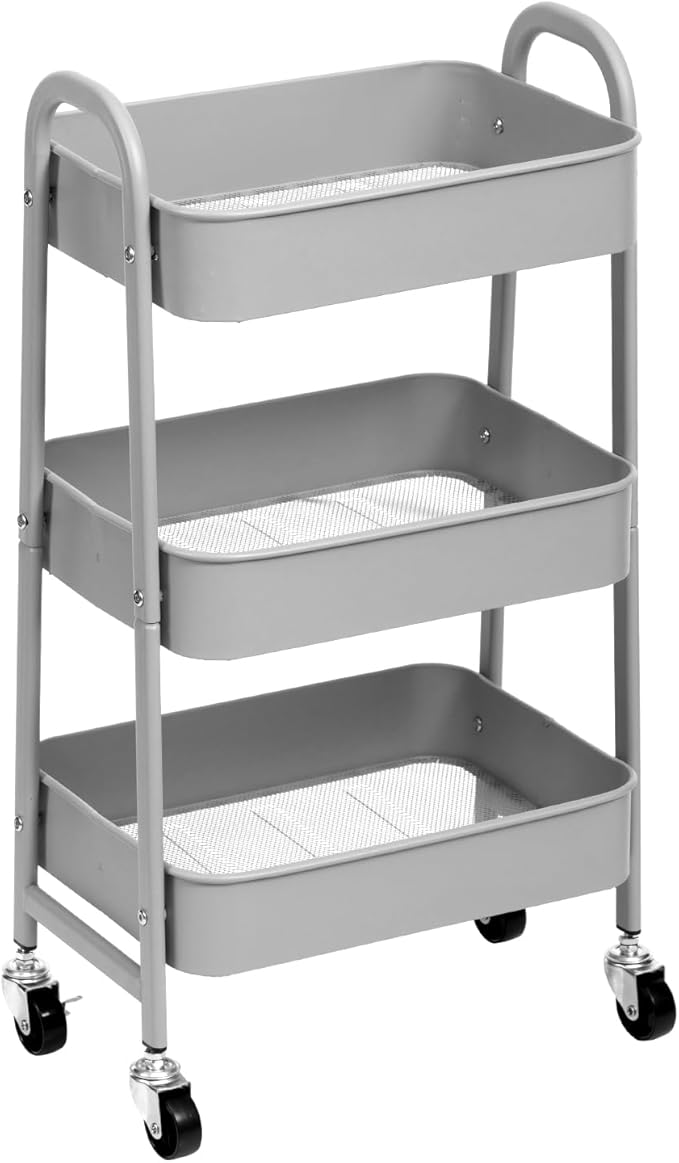AGTEK 3 Tier Utility Rolling Cart with Lockable Wheels, Metal Multifunctional Storage, Organizer Cart for Kitchen, Office, Living Room, Makeup, Craft, Art Studio, Grey