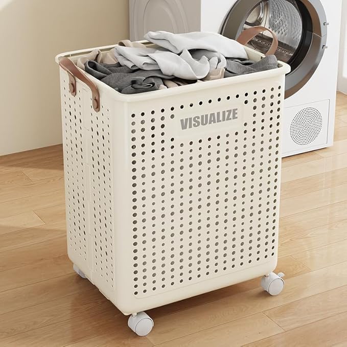 42L Large Heavy Duty Laundry Hamper On Wheels and Handle, Foldable Collapsible Laundry Basket, Space Saving Laundry Room Organization With Lid For Home Storage, Clothes (Cream)