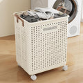 42L Large Heavy Duty Laundry Hamper On Wheels and Handle, Foldable Collapsible Laundry Basket, Space Saving Laundry Room Organization With Lid For Home Storage, Clothes (Cream)