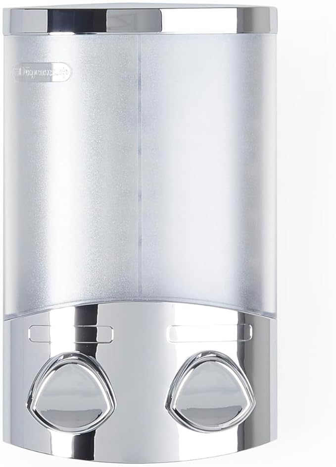 Better Living EURO Shower Dispenser Wall Mount Shower Soap Dispenser for Bathroom Hotel Body Wash, Corner or Flat Wall Shower Shampoo Dispenser, Built-in Hooks, 2 x 10.5 oz, Chrome, 2-Chamber