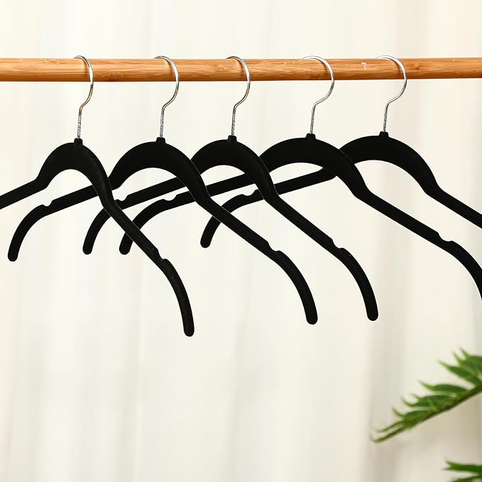 50 Pack Velvet Hangers Non-Slip Shirt Clothes Hangers 360° Swivel Hook Slim Flocked Coat Hanger Heavy Duty Space Saving Felt Hanger for Women Men Pants Jackets Dress(Black)