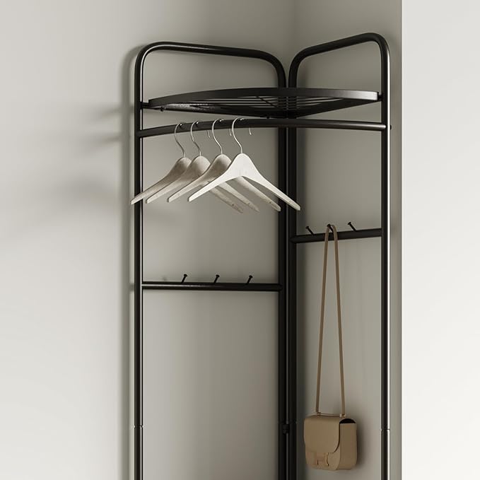 corner coat rack,corner clothing rack with 6 hooks and storage shelf,metal clothes rack coat stand for Entryway, Bedroom