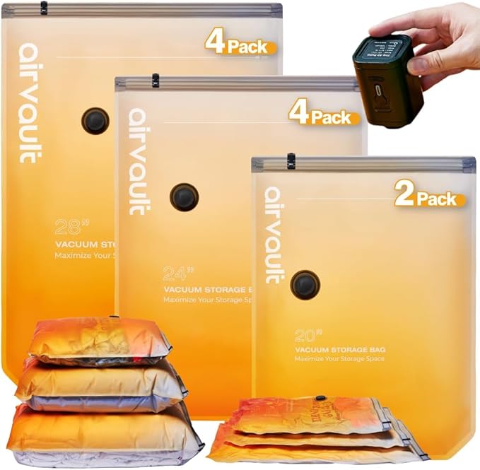 AirVault Vacuum Storage Bags for Travel & Home - Space Saver Compression Packing Bags Set for Clothes, Blankets & Seasonal Storage, Small (2), Medium (4), Large (4) (Orange,10-Pack Combo)
