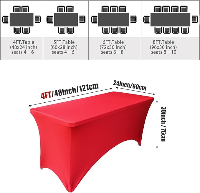 6 Pack - Elegant Red Stretch Spandex Table Cover (48Lx24Wx30H Inches), Non-Iron Fitted Tablecloth for 4-Foot Rectangular Folding Tables -Ideal for Banquets, Weddings & Festivals