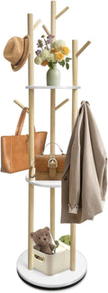 LIWSHWZ Solid Wood Rotary Coat Rack,Coat Rack Freestanding with 3 Shelves and 9 Hooks,Coat Hanger Stand for Purse,Bag,Hat,Corner Hanger Stand Racks for Hall,Entryway,Office,Modern Clothes Holder
